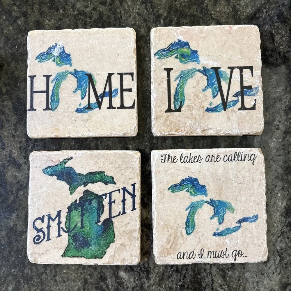 (4) Michigan Natural‎ Stone Coasters The Lakes Are Calling Cork Backing 4